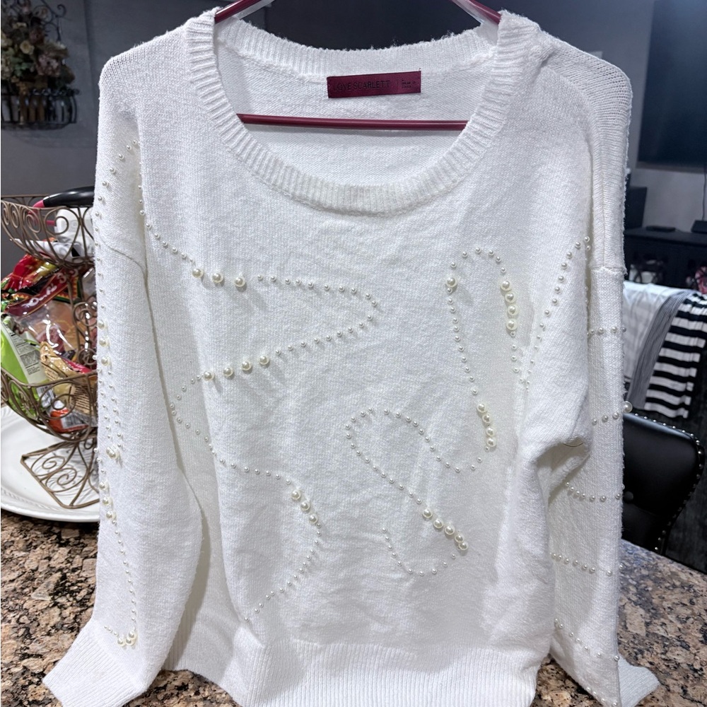 Pearl-Embellished White Crewneck Sweater - Women